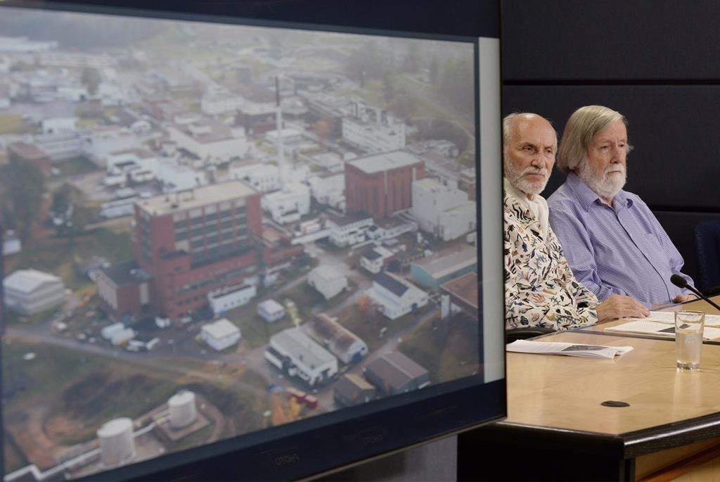 An image of the Chalk River nuclear complex is displayed during a news conference with Gilles Provost and President of the Canadian Coalition for Nuclear Responsibility Gordon Edwards in Ottawa on August 21, 2018. Several First Nations and environment advocates are expressing disappointment after Canada’s nuclear regulator greenlighted earlier this week a proposed nuclear waste facility near the Ottawa River. THE CANADIAN PRESS/Adrian Wyld.