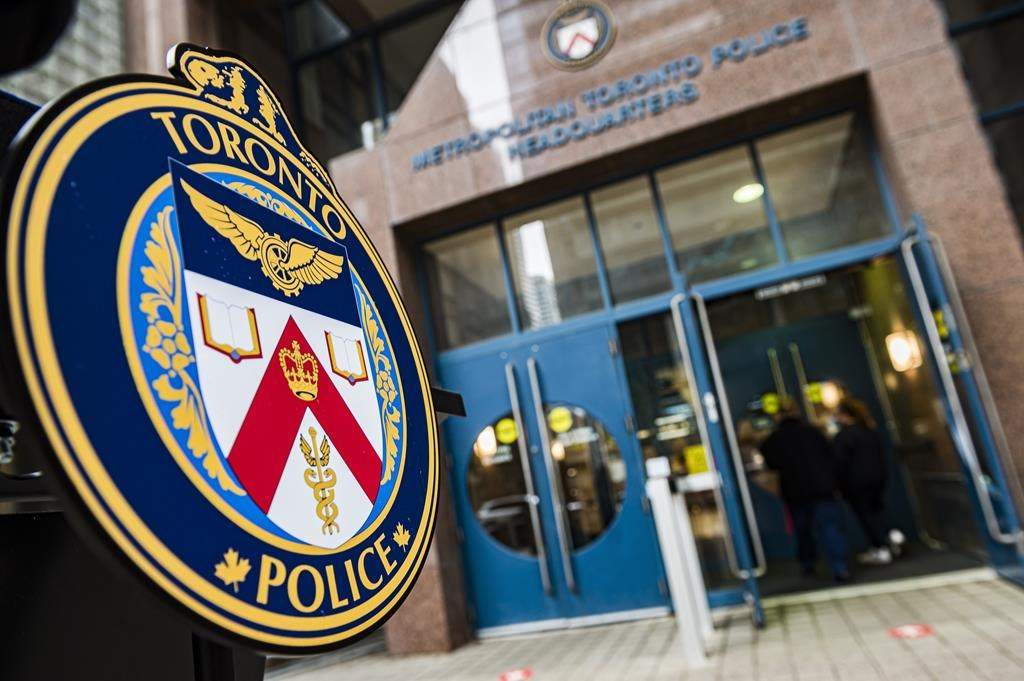 The Toronto Police Services emblem is photographed during a press conference at TPS headquarters, in Toronto on Tuesday, May 17, 2022. 