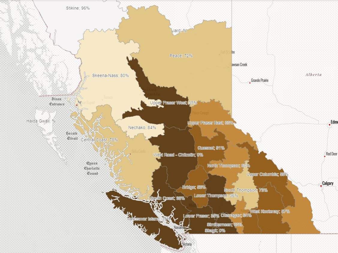 A map showing snowpack levels across B.C., according to the River Forecast Centre.