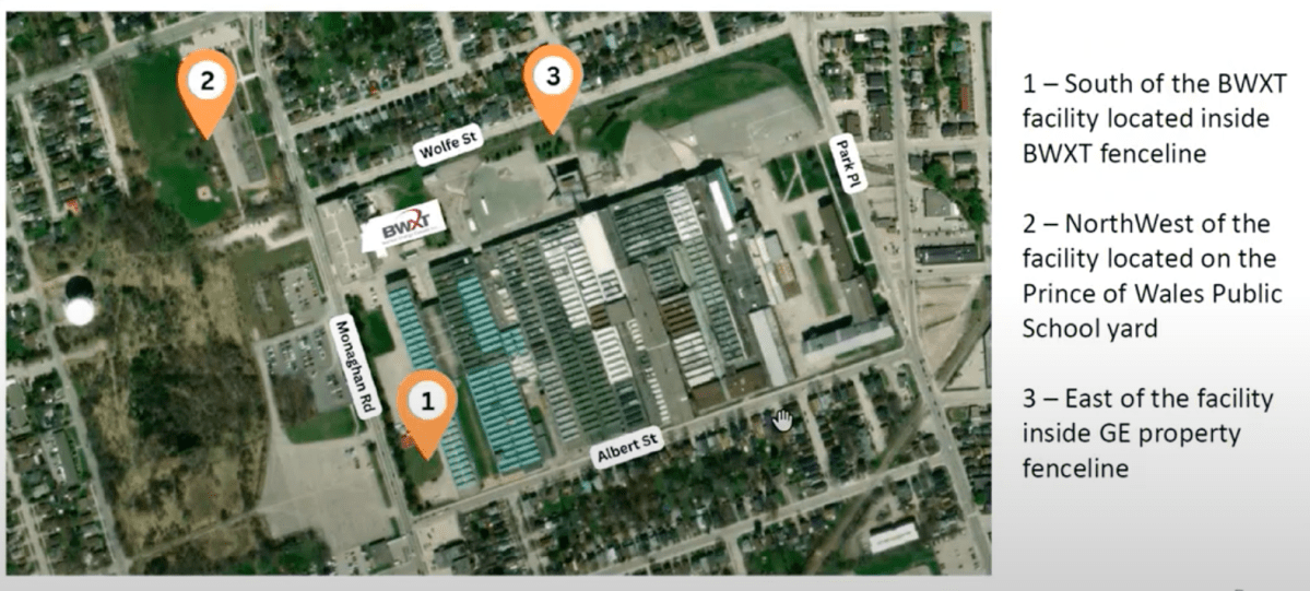 Air sampling locations near the BWX Peterborough facility.