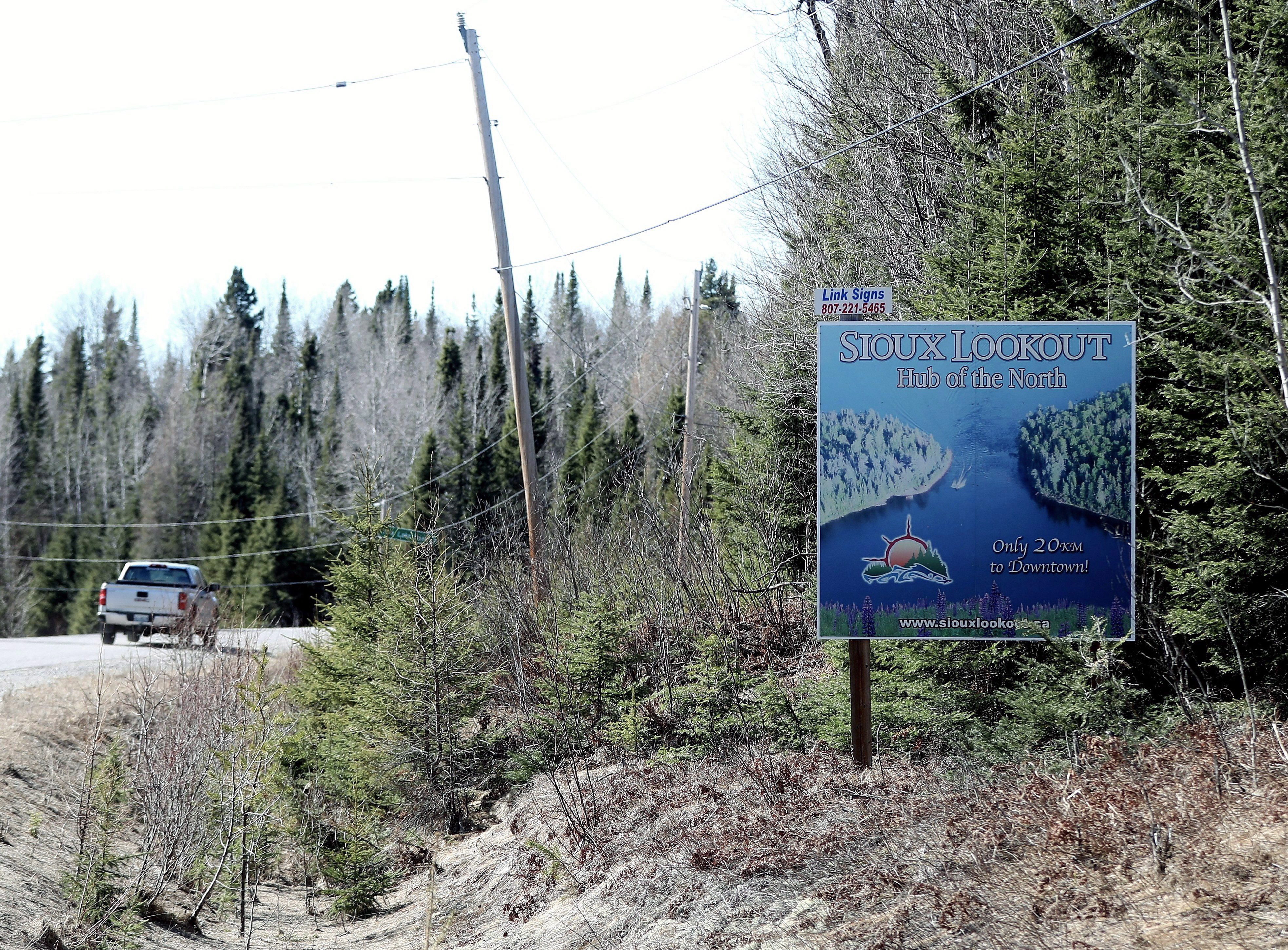 A welcome sign for Sioux Lookout, Ont., is seen on Monday, April 23, 2018. Sioux Lookout is a regional hub at the south end of the new Indigenous-dominated provincial riding of Kiiwetinoong. 
