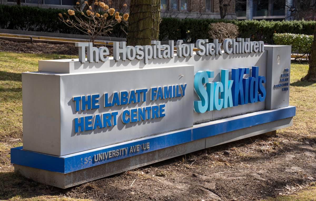 The sign in front of SickKids hospital in Toronto, Monday, Feb. 20, 2023.