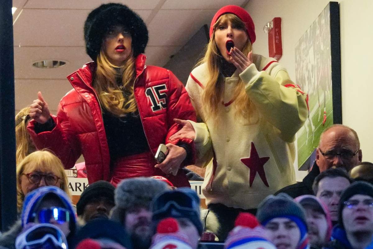 Taylor Swift, right, and Brittany Mahomes react during the third quarter of an NFL AFC division playoff football game between the Buffalo Bills and the Kansas City Chiefs, Sunday, Jan. 21, 2024, in Orchard Park, N.Y.
