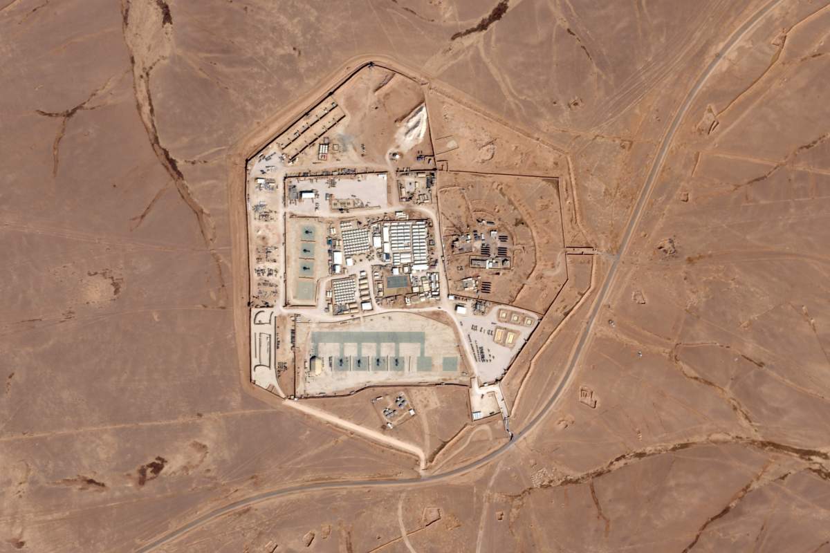 This satellite photo from Planet Labs PBC shows a military base known as Tower 22 in northeastern Jordan, on Oct. 12, 2023.