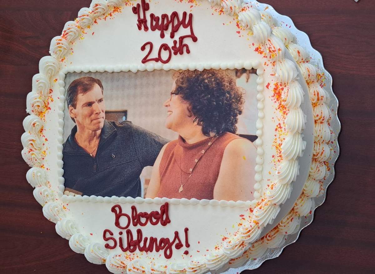 Cake of Chris Smith, 65. and Sue Vanvolkingburgh, 60, celebrating 20th anniversary of life-saving bone marrow transplant in Wasaga Beach, Ont.