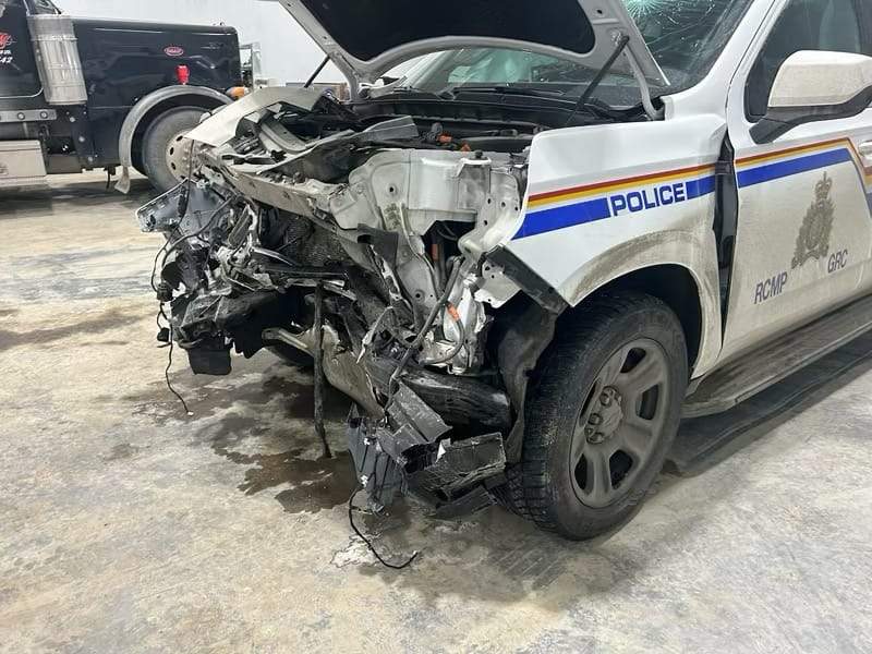 A Manitoba RCMP vehicle was struck after a suspect attempted to fly a traffic stop on Dec. 29, 2023, say police.