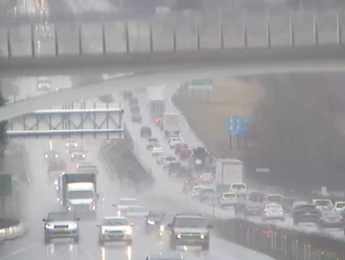 Traffic flows in both directions at King George Boulevard in Surrey, B.C. on Thurs. Jan. 25, 2024, after an emergency utility work closure.