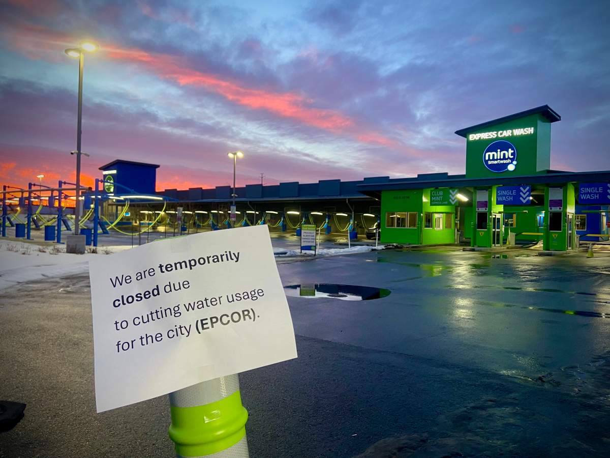 A photo of an Edmonton car wash on Jan. 30, 2024. A day earlier, an equipment failure at one of Edmonton's water treatment plants prompted EPCOR and surrounding municipalities to issue a ban on non-essential water use.