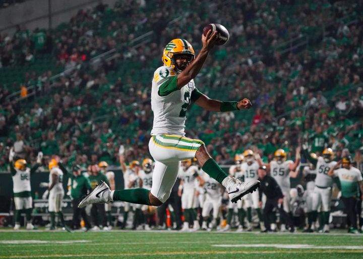 Edmonton Elks quarterback Tre Ford (2) scores a touchdown against the Saskatchewan Roughriders during the second half of CFL football action in Regina, on Friday, September 15, 2023. Ford has the Edmonton Elks on another home streak. Edmonton (4-10) will chase a third consecutive victory at Commonwealth Stadium on Friday night when it hosts the B.C. Lions (9-4).