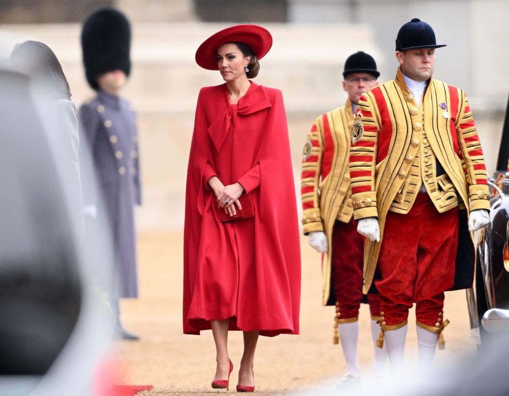 Catherine, Princess of Wales, attends a ceremonial welcome for The President and the First Lady of the Republic of Korea at Horse Guards Parade on November 21, 2023 in London, England.