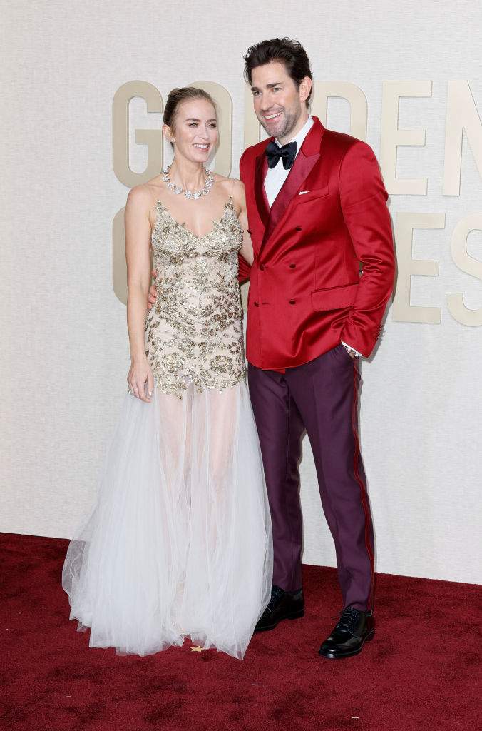 (L-R) Emily Blunt and John Krasinski on the red carpet of the 81st Annual Golden Globe Awards held at the Beverly Hilton Hotel on January 7, 2024.