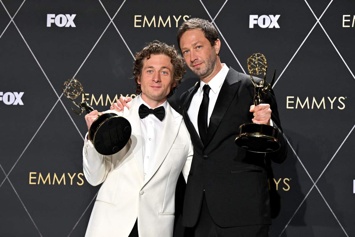 Outstanding Supporting Actor in a Comedy Series Ebon Moss-Bachrach (R) and Outstanding Lead Actor in a Comedy Series Jeremy Allen White for "The Bear" pose in the press room during the 75th Emmy Awards at the Peacock Theatre at L.A. Live in Los Angeles on January 15, 2024.