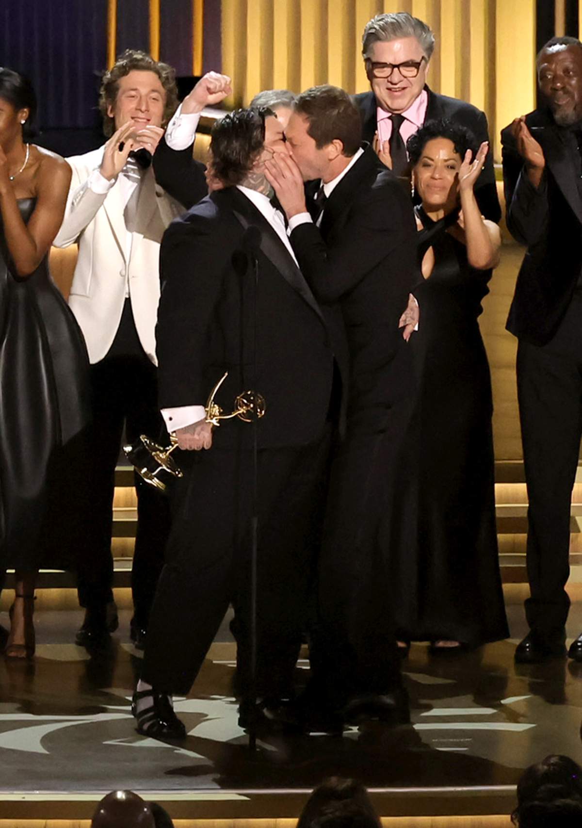 (L-R) Matty Matheson and Ebon Moss-Bachrach accept the Outstanding Comedy Series award for “The Bear” onstage during the 75th Primetime Emmy Awards at Peacock Theater on January 15, 2024 in Los Angeles, California.