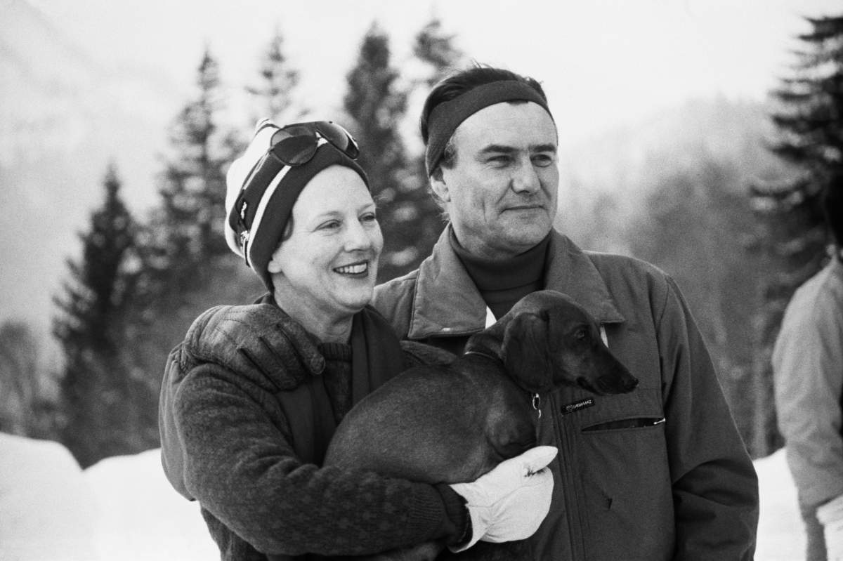 Margrethe II, Queen of Denmark and her husband Henrik, Prince Consort of Denmark on a ski holiday in Switzerland.