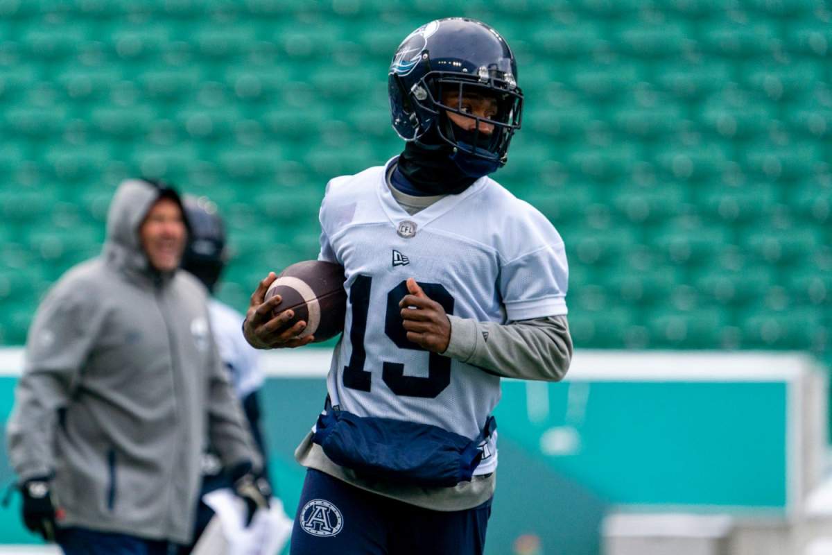 Toronto Argonauts wide receiver Kurleigh Gittens Jr. (19) runs with the football during practice at Mosaic Stadium in Regina, on Wednesday, November 16, 2022.