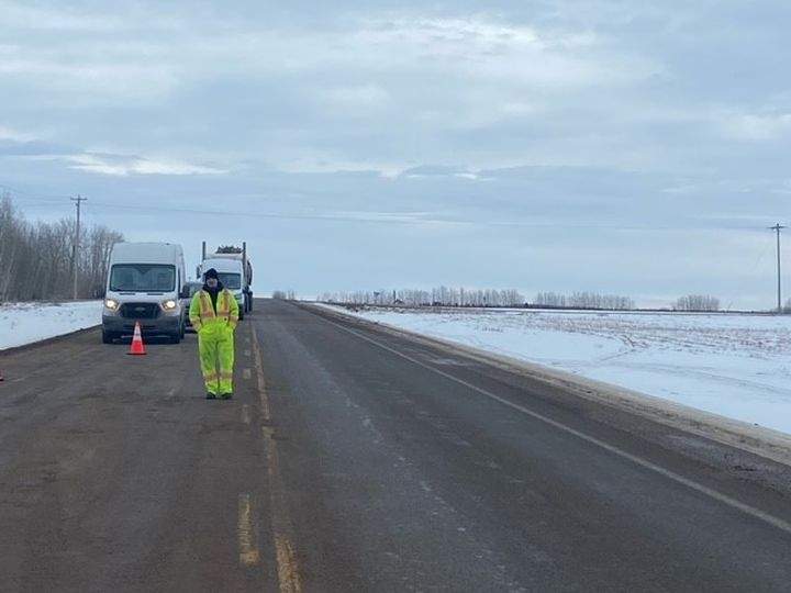 A photo of Highway 39 near Warburg, Alta., on Jan. 29, 2024. One lane of the highway has been reopened after "oilfield material" spilled on the highway several days earlier.