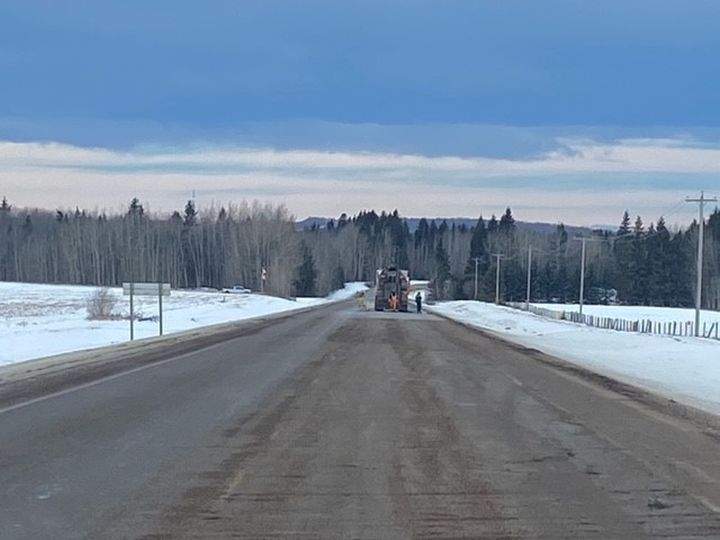 A photo of Highway 39 near Warburg, Alta., on Jan. 29, 2024. One lane of the highway has been reopened after "oilfield material" spilled on the highway several days earlier.