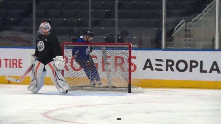 Edmonton Oilers players take part in a team practice at Rogers Place on Jan. 25, 2024.