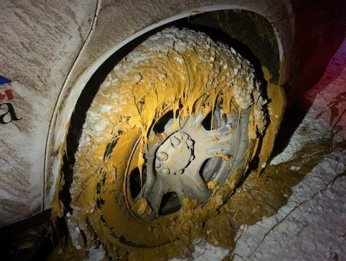 RCMP in central Alberta asked drivers to avoid "a large stretch of highway due to a spill of oilfield material" on Jan. 25, 2024. They said some vehicles sustained damage after driving through it.