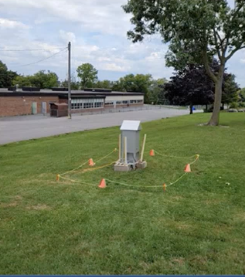 A sampler being used to test air quality for beryllium in the schoolyard of Prince of Wales Public School in Peterborough, Ont.