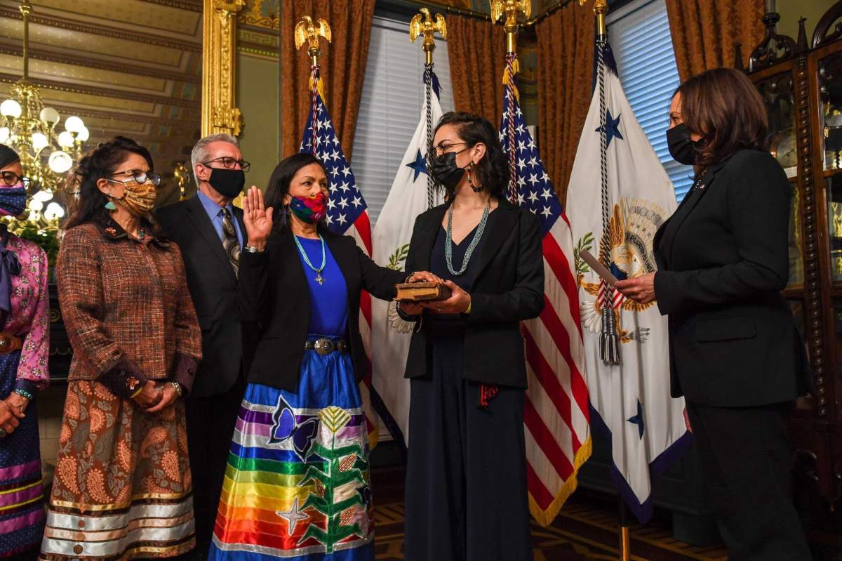Agnes Yellow Bear designed a ribbon skirt for Deb Haaland, the first Native American cabinet member in U.S. history.