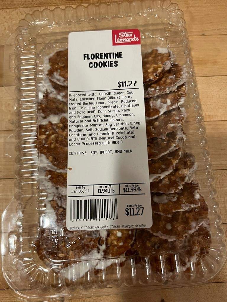 A box of Florentine cookies from Stew Leonard's.