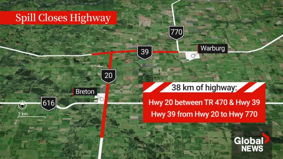 Spill involving ‘oilfield material’ forces RCMP to divert 38 km of highway in central Alberta - image