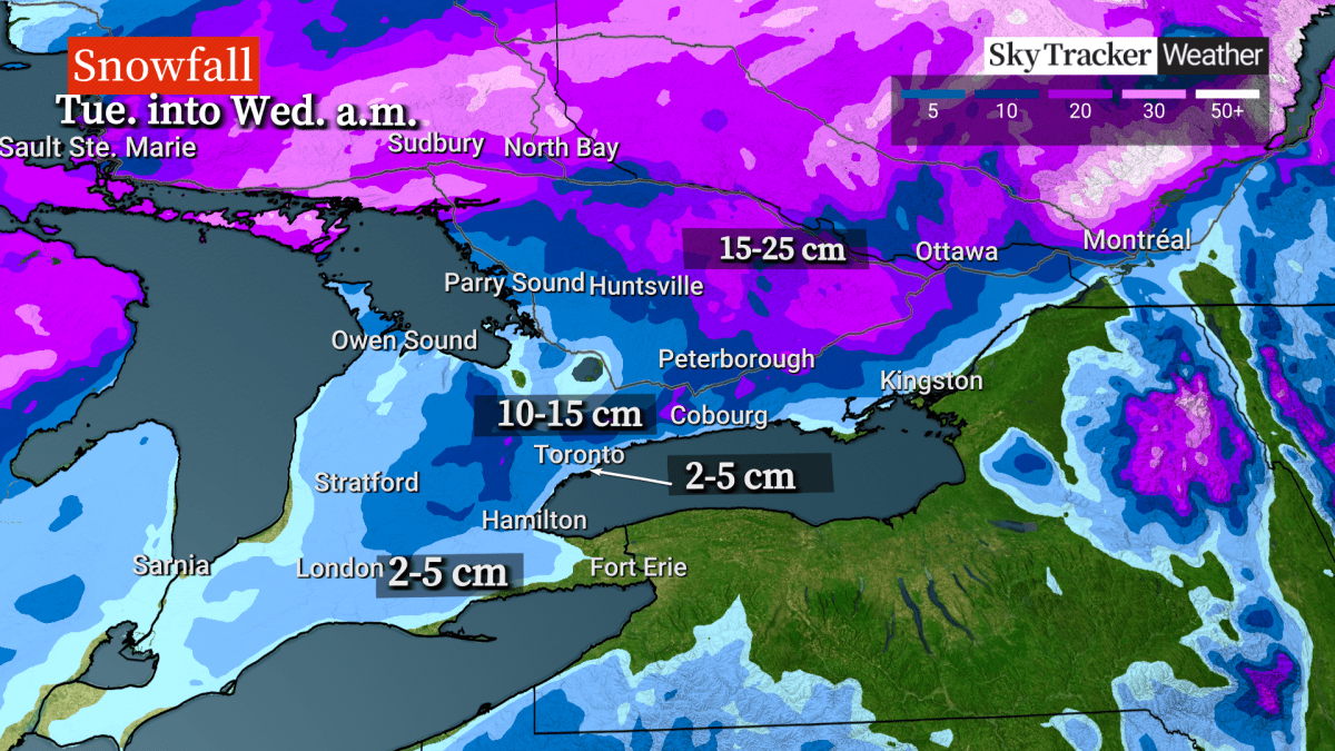 Forecasted snow totals as of Monday morning.