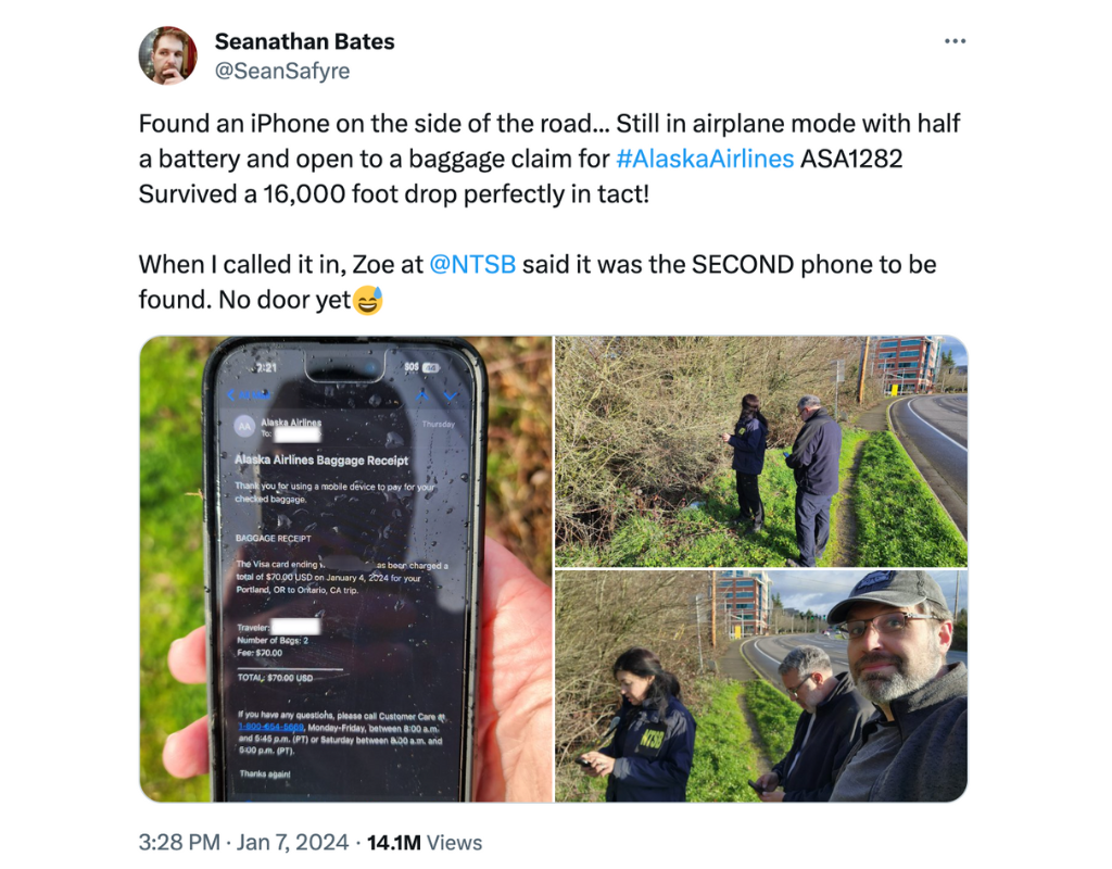 Screengrab of a social media post showing photos of an iPhone that appears to have fallen from Alaska Airlines flight 1282.