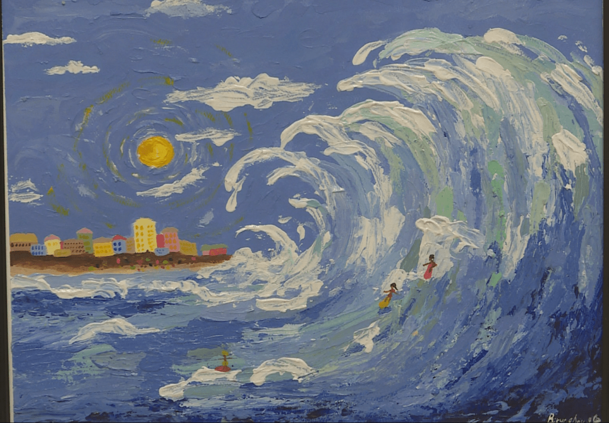 A painting of people surfing on big waves with a blue sky and buildings in the back ground.