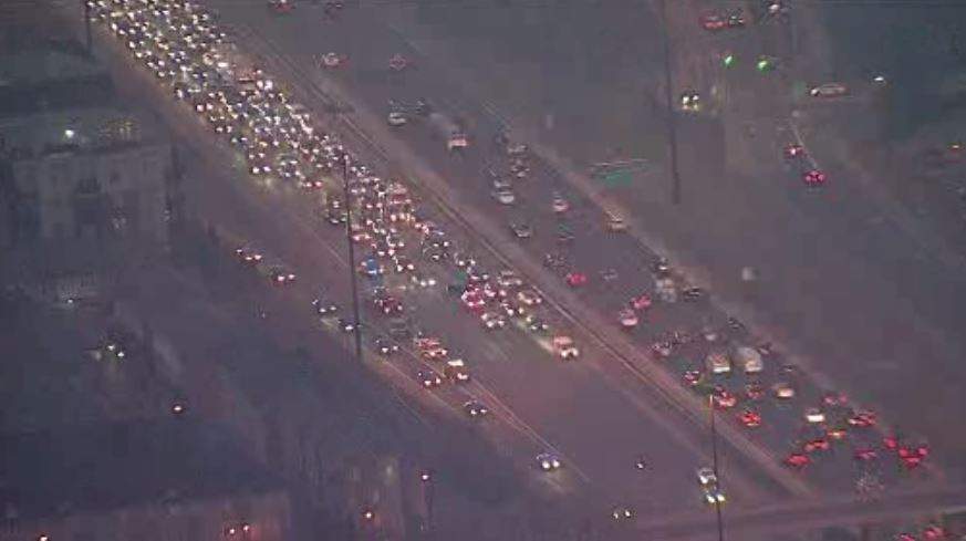 Aerial view of the Gardiner Expressway on Jan 31, 2024.