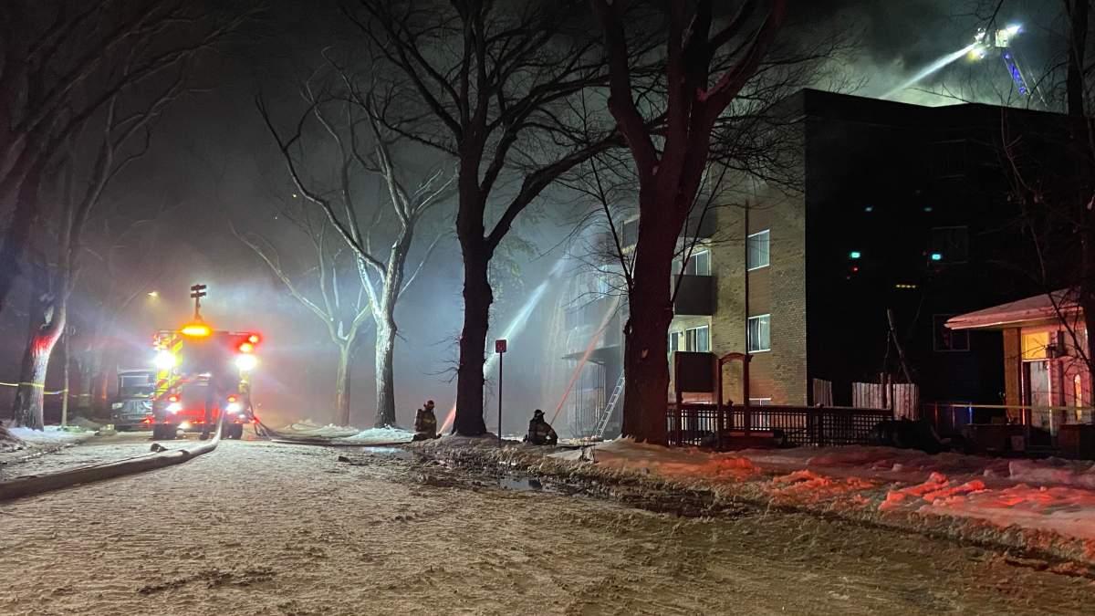 At least seven people were taken to hospital following a large apartment fire at 10745 79 Ave. in the south Edmonton neighbourhood of Queen Alexandra .