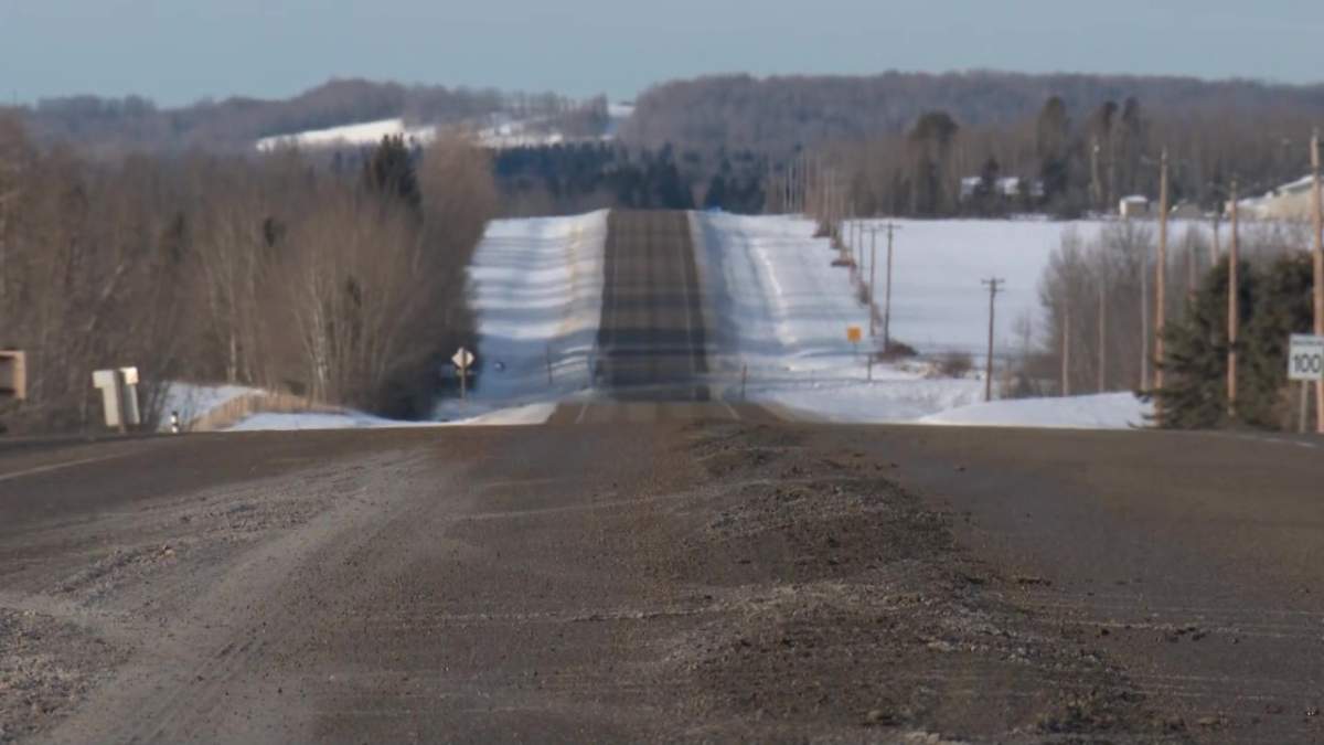 A section of Highway 39 near Warburg in central Alberta on Friday, January 26, 2024, where a large stretch of highway was closed due to the spill of a substance used in the oilfield.