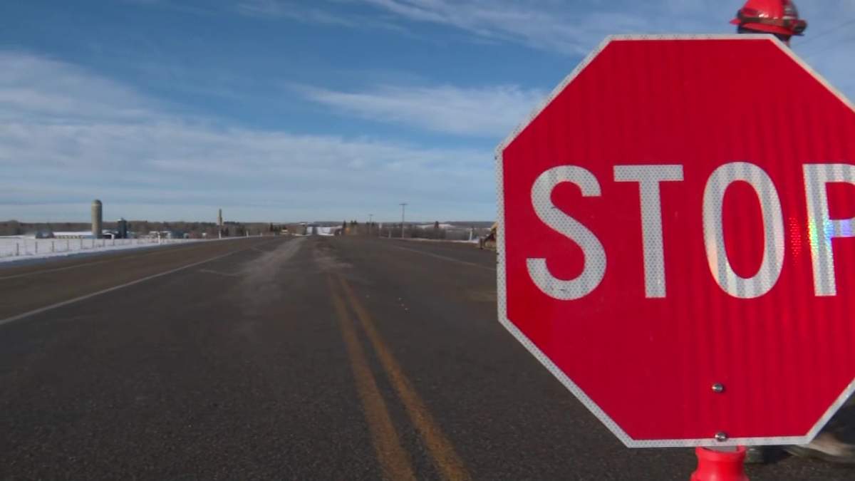 A section of Highway 39 near Warburg in central Alberta on Friday, January 26, 2024, where a large stretch of highway was closed due to the spill of a substance used in the oilfield.
