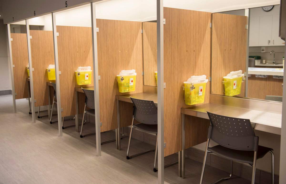 Booths at a safe injection site in Montreal, Quebec, are seen