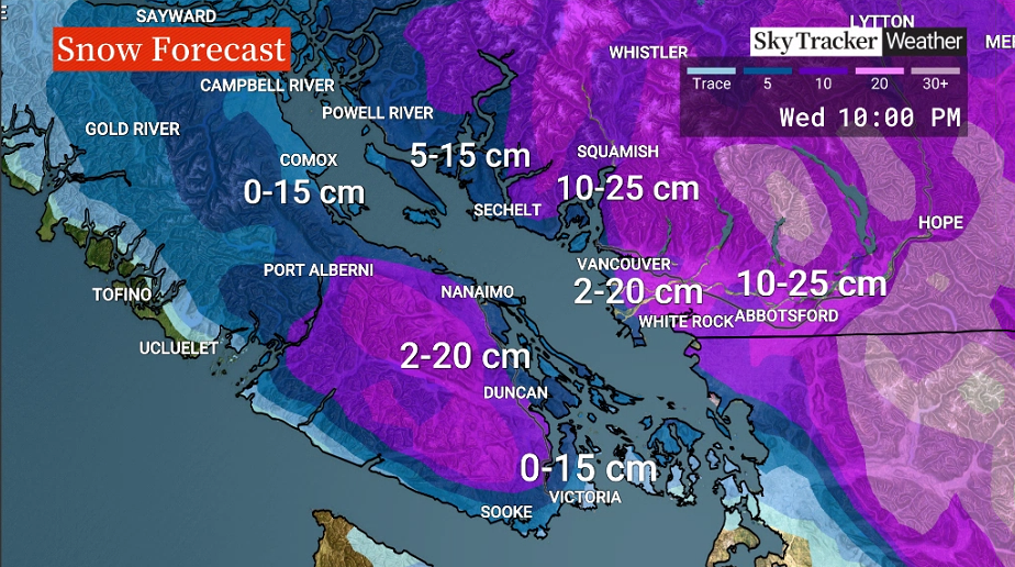 Timeline of the snow set to hit B.C. South Coast on Tuesday - image