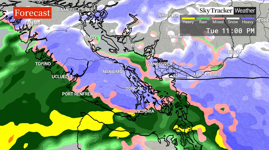 Timeline of the snow set to hit B.C. South Coast on Tuesday - image