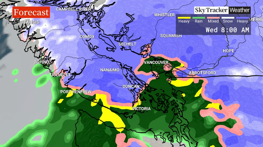 Timeline of the snow set to hit B.C. South Coast on Tuesday - image