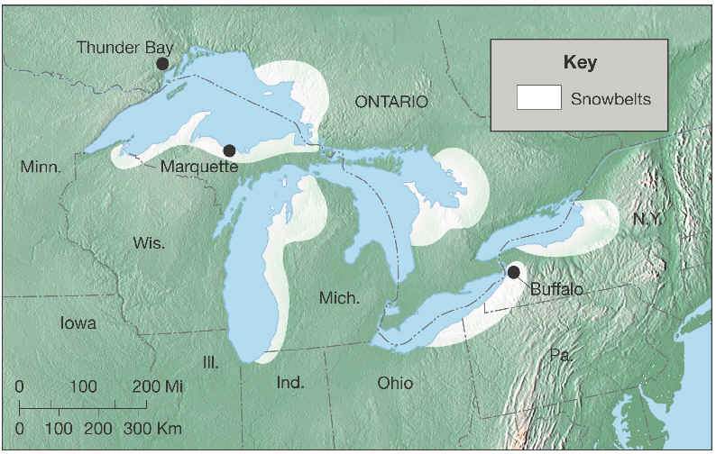 Snowbelts around the Great Lakes.