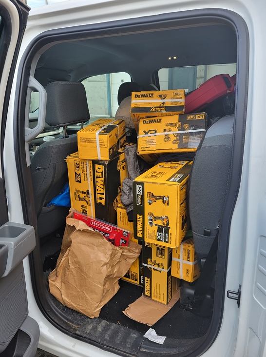 Stolen goods are seen in a suspicious vehicle parked outside the Elements Casino in View Royal, B.C. on Sun. Dec. 31, 2023.