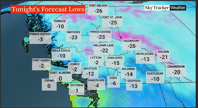 A look around southern B.C.’s forecast for overnight lows.