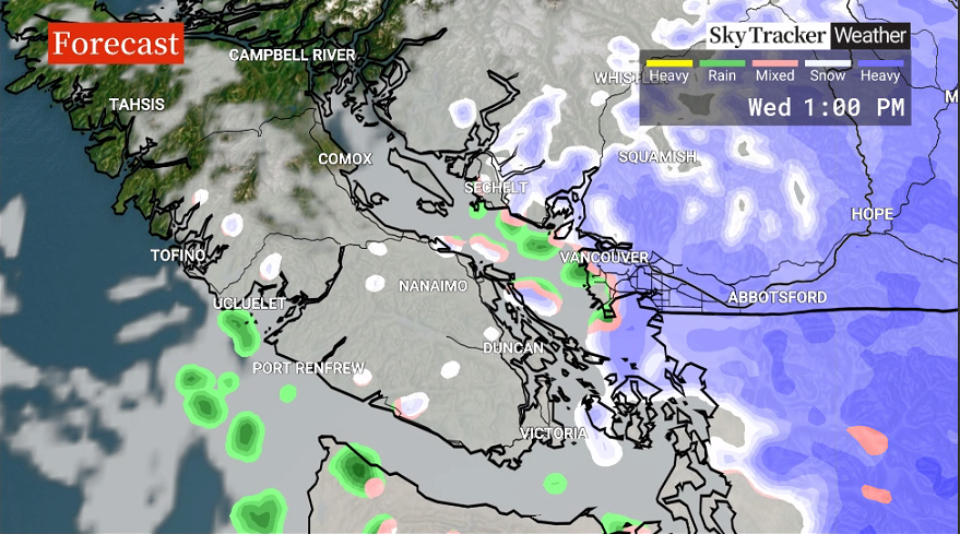 The forecast for the Lower Mainland for 1 p.m. Wednesday.