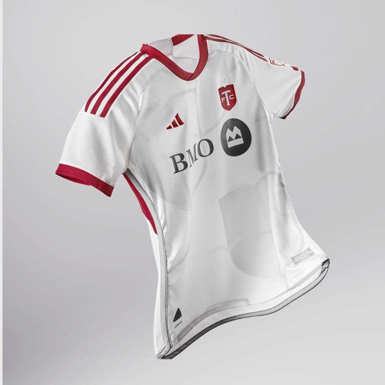 Toronto FC unveiled its new so-called “community kit” on Thursday, Feb. 15, 2024. The MLS club will primarily wear the new uniform for away games.