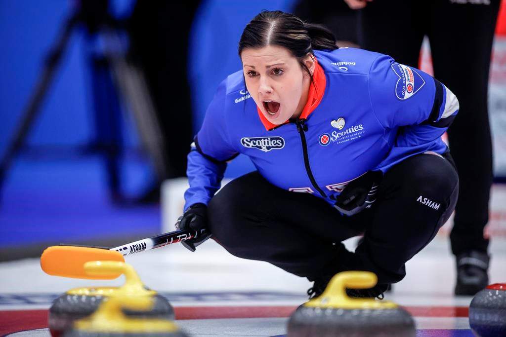 Team Manitoba-Cameron skip Kate Cameron encourages her teammates as they play Team Alberta in Page playoffs at the Scotties Tournament of Hearts in Calgary, Saturday, Feb. 24, 2024.