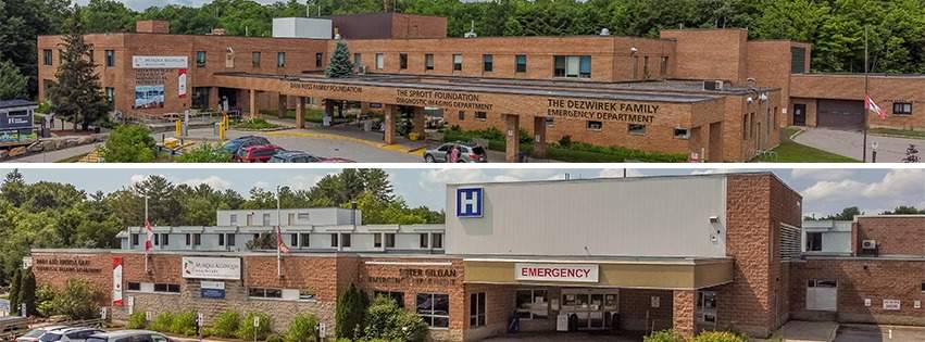 Muskoka Algonquin Healthcare includes Huntsville District Memorial Hospital in Huntsville (top) and South Muskoka Memorial Hospital in Bracebridge (bottom).