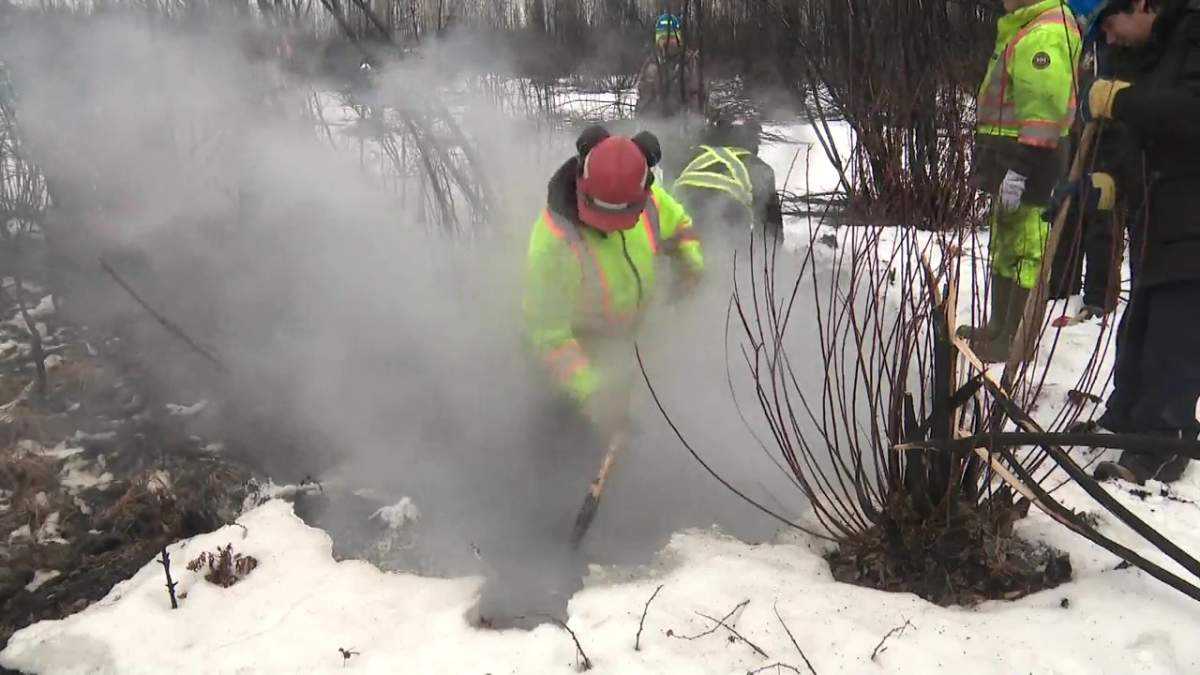 Alberta wildfire crews putting out hot spots at a 2023 carry over wildfire that's burning deep into peat moss near Fox Lake, Alta. on Tuesday, Feb. 6, 2024.