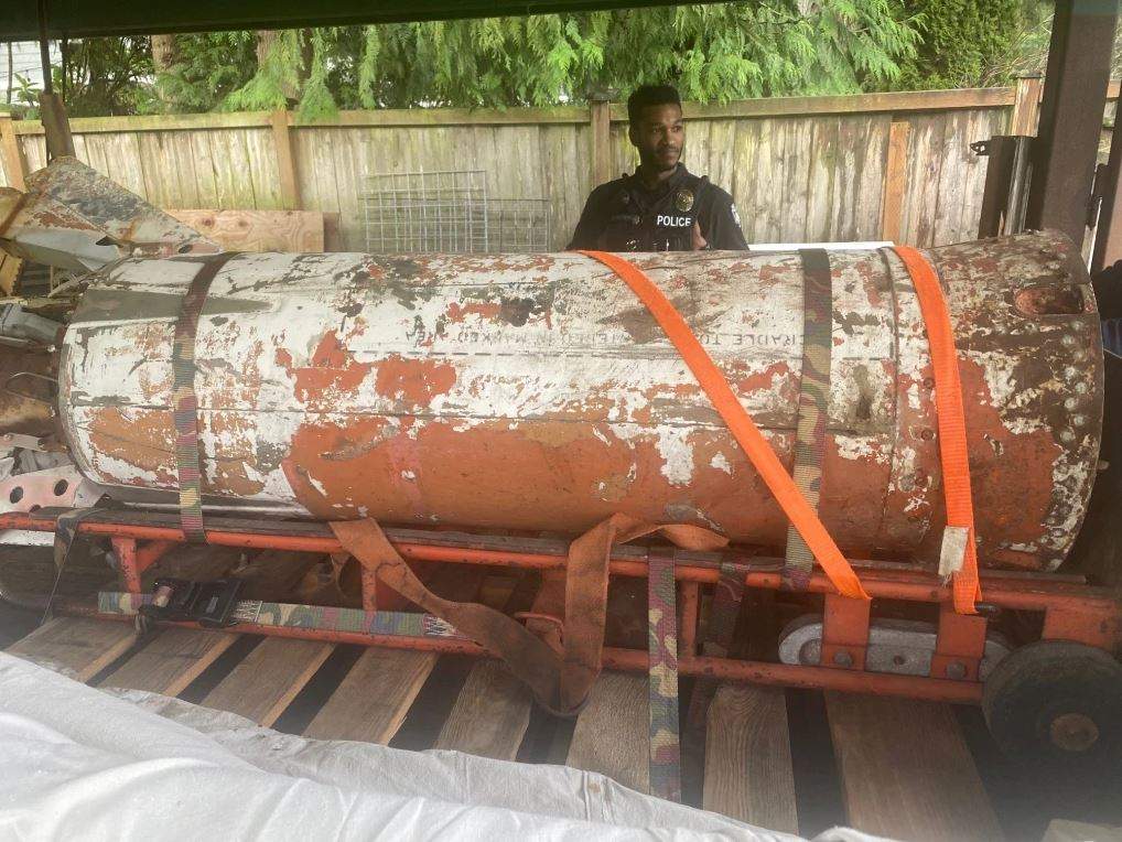 Another police-supplied photo of the Cold War-era missile seen strapped to a dolly inside a deceased resident’s garage.