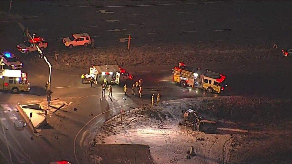 Emergency crews in Leduc County respond to a crash at Nisku Spine Road and 35th Avenue on Feb. 22, 2024.