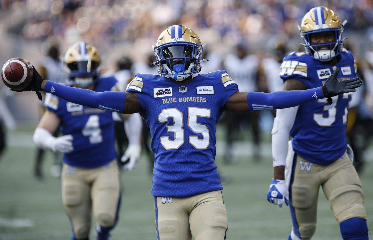 Winnipeg Blue Bombers' Demerio Houston (35) celebrates his interception against the Hamilton Tiger-Cats during first half CFL action in Winnipeg Friday, June 9, 2023.