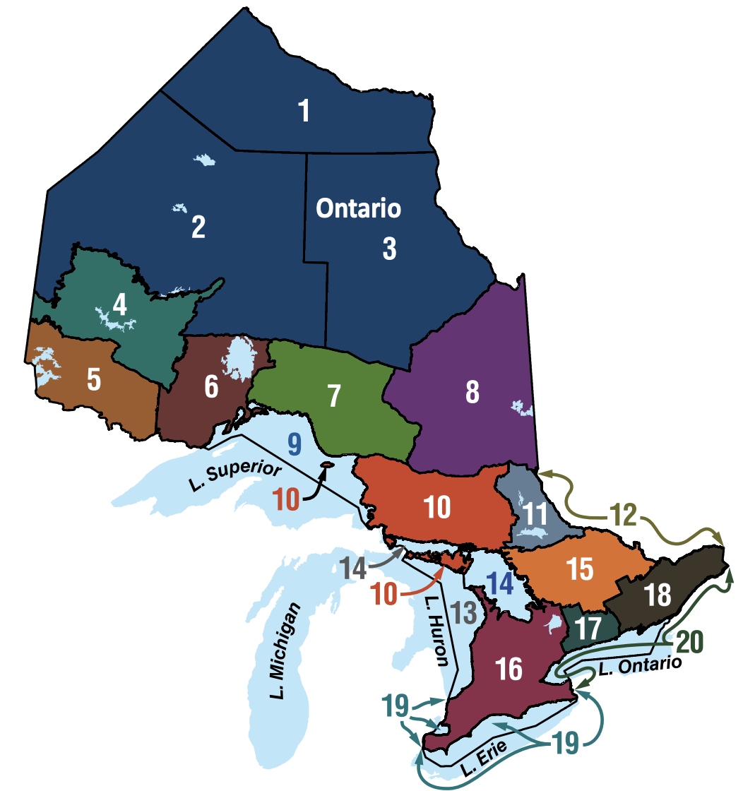 A map of the Fisheries Management Zones in Ontario.